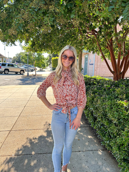 Becca Printed Eyelet Cropped Blouse Clay