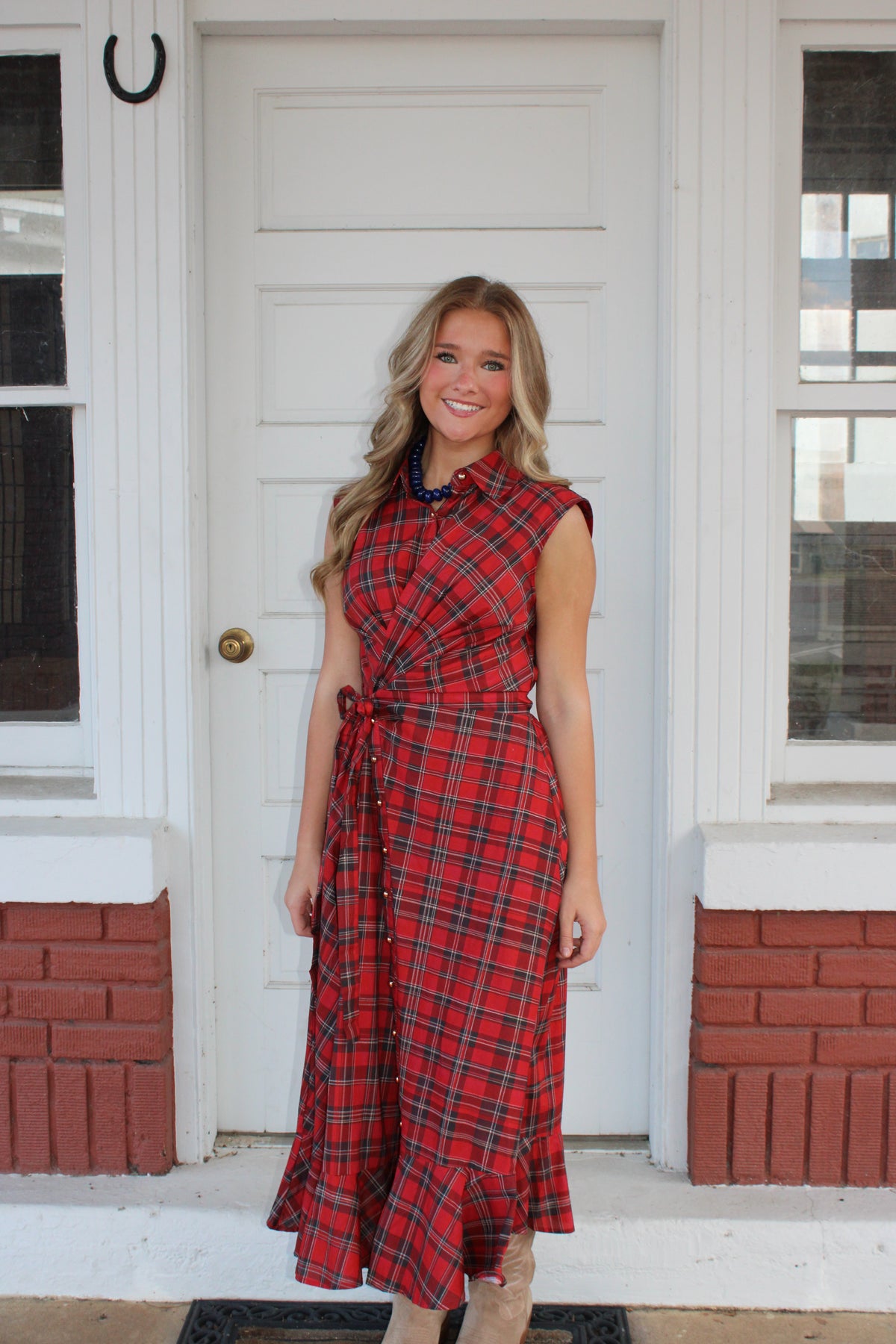 Red Plaid Twist Front Maxi
