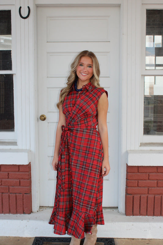 Red Plaid Twist Front Maxi