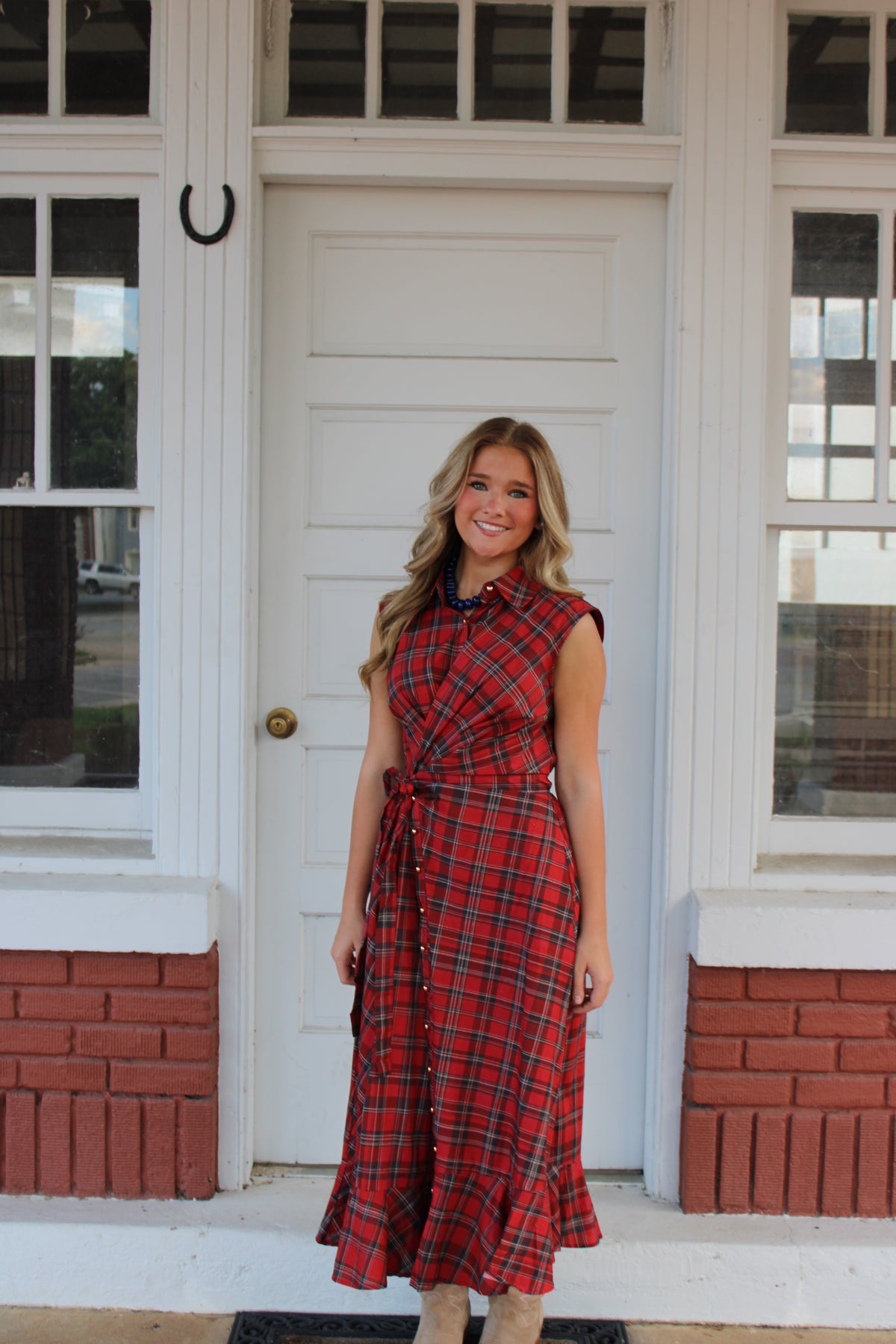 Red Plaid Twist Front Maxi