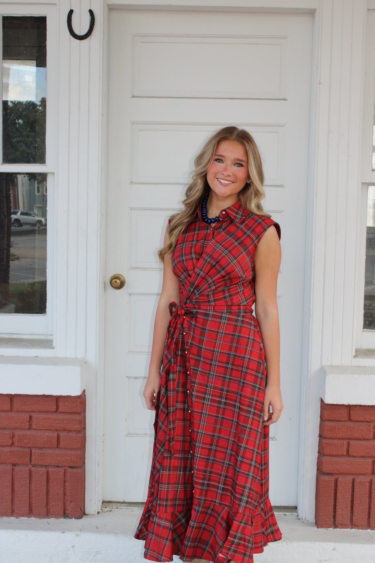 Red Plaid Twist Front Maxi