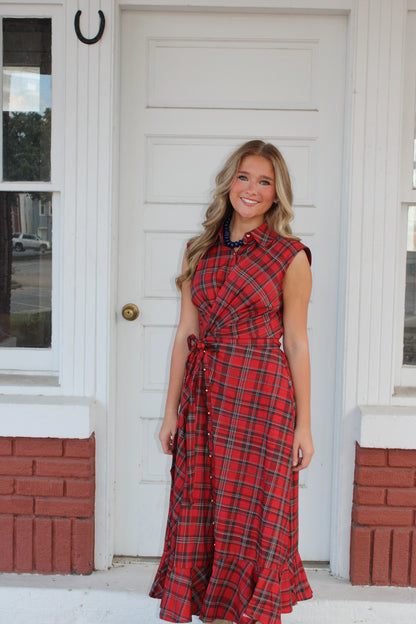 Red Plaid Twist Front Maxi