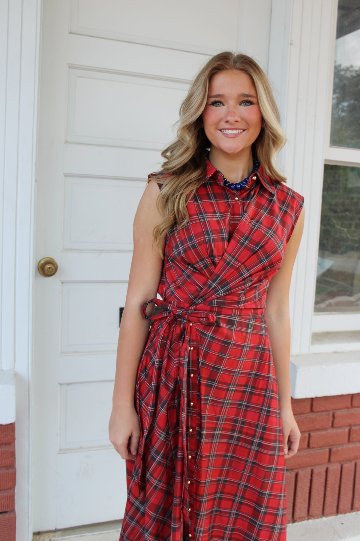 Red Plaid Twist Front Maxi
