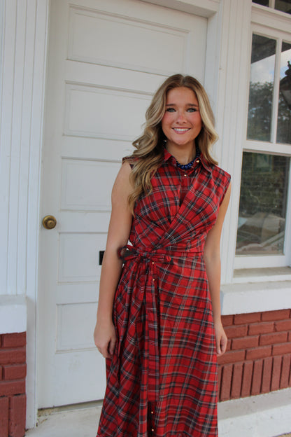 Red Plaid Twist Front Maxi