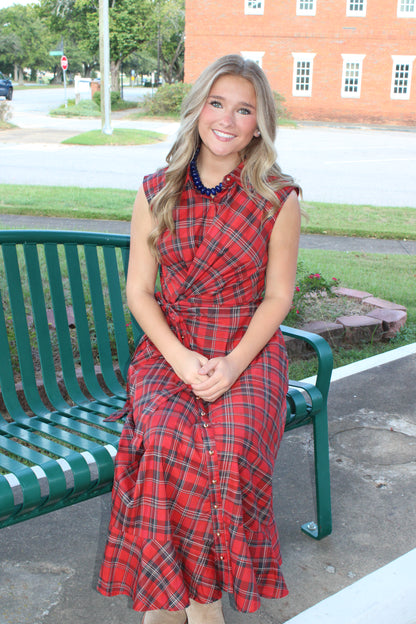 Red Plaid Twist Front Maxi