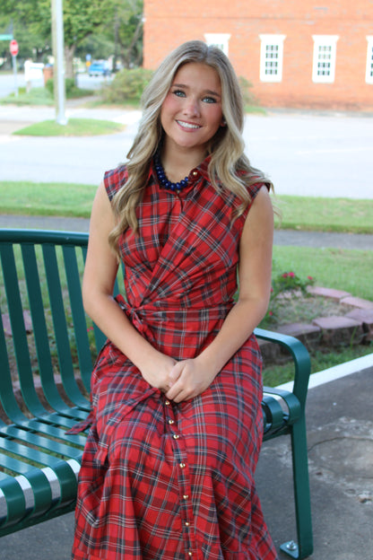 Red Plaid Twist Front Maxi