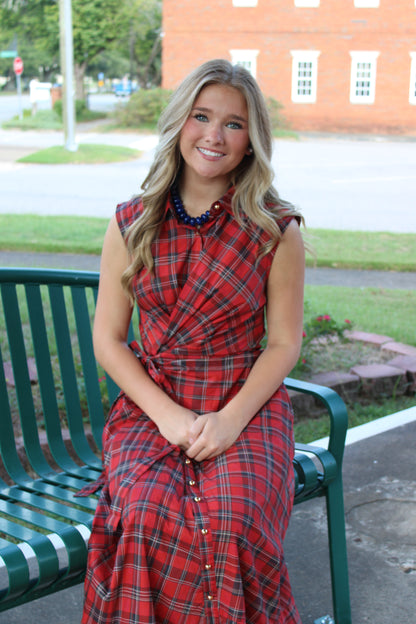 Red Plaid Twist Front Maxi