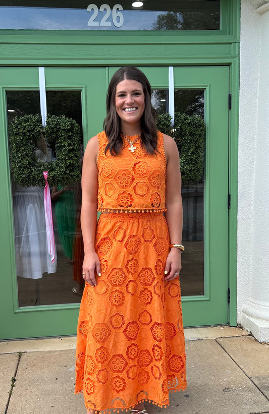 Orange Eyelet Maxi Skirt