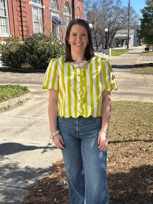 Kiwi Stripe Scalloped Top