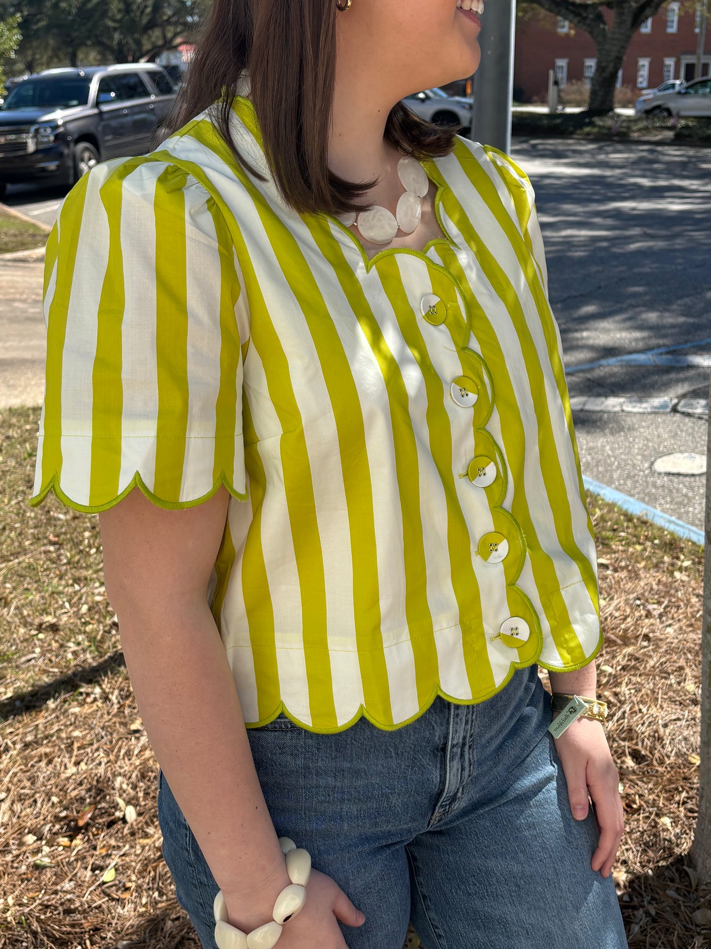Kiwi Stripe Scalloped Top