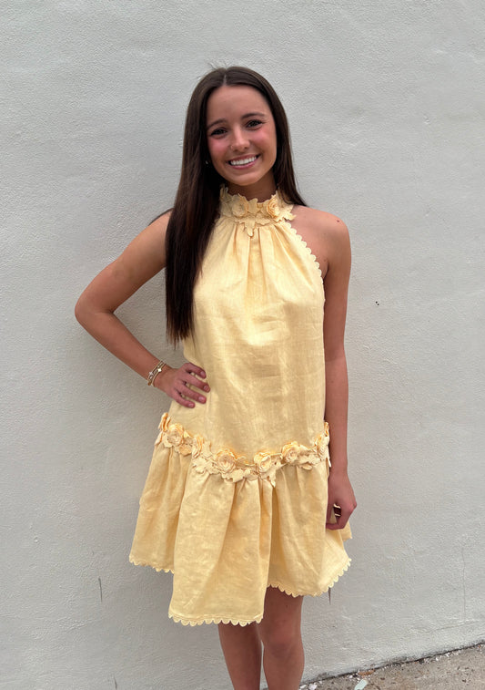 Halter Neck Floral Detail Mini Dress Butter Yellow