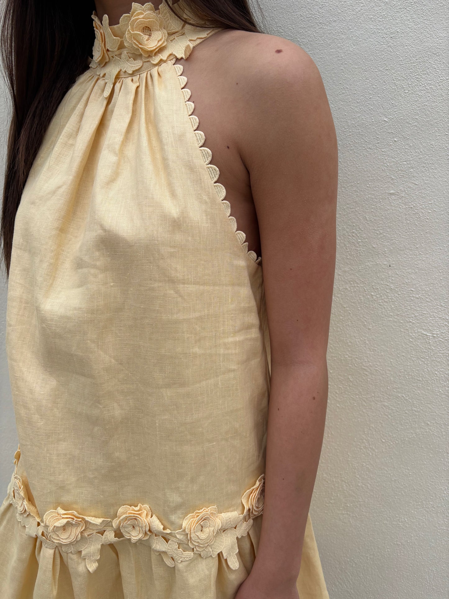 Halter Neck Floral Detail Mini Dress Butter Yellow