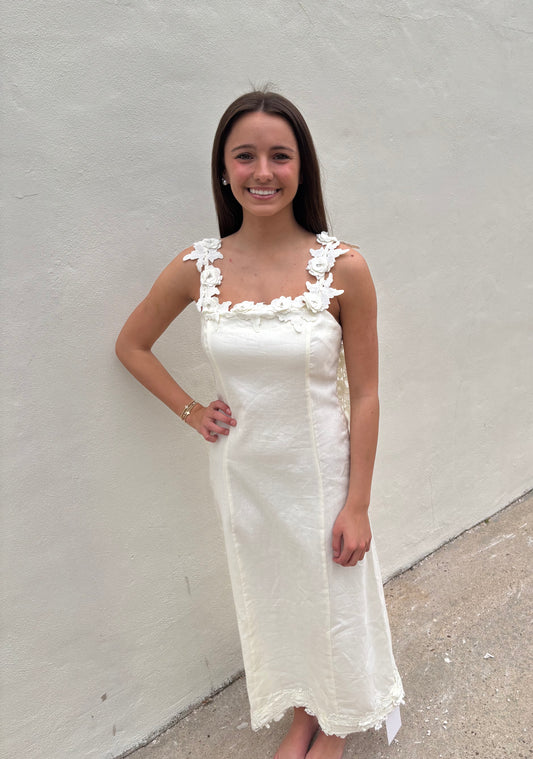 Floral Detail White Linen Maxi