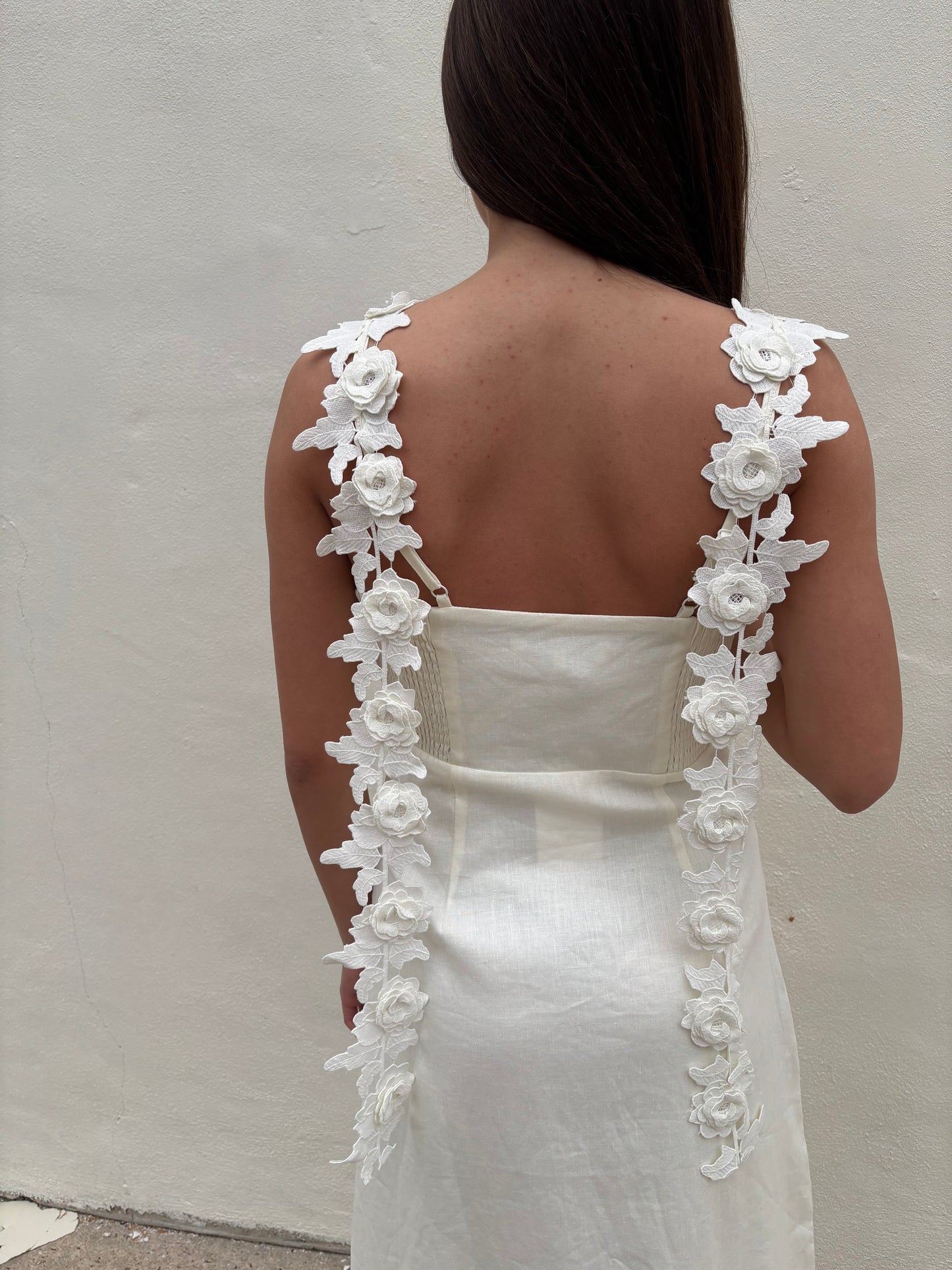 Floral Detail White Linen Maxi