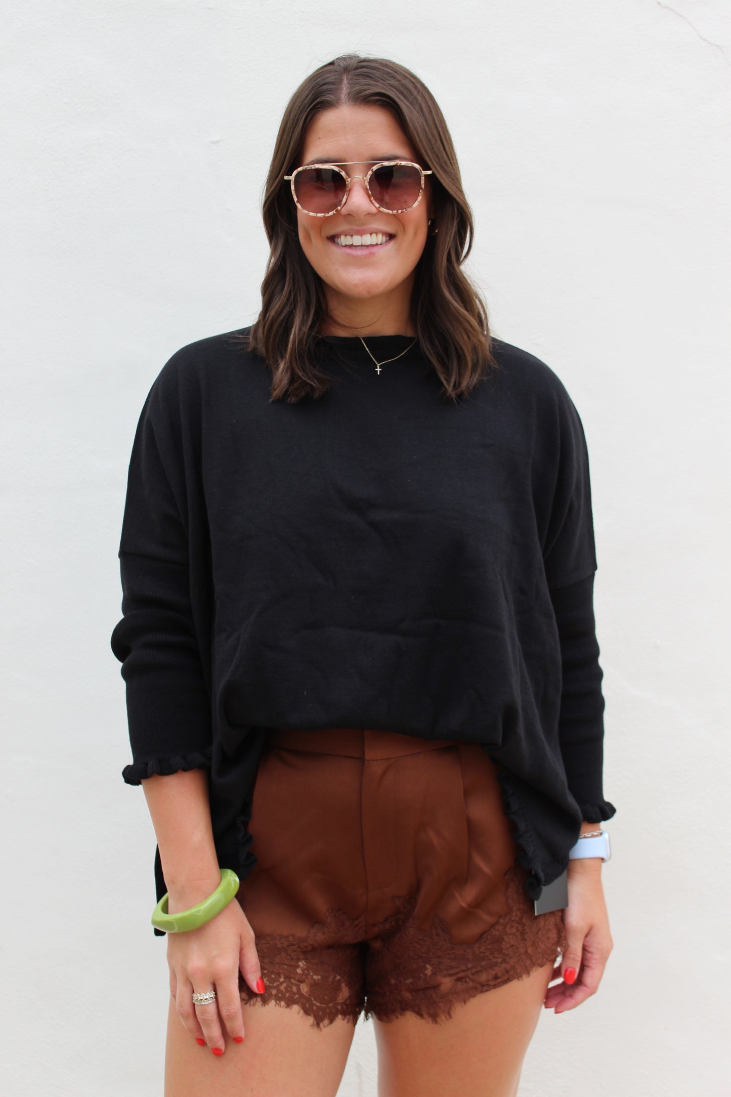 Brown Lace Trimmed Satin Shorts