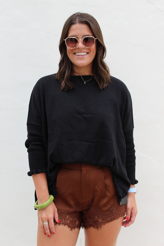 Brown Lace Trimmed Satin Shorts