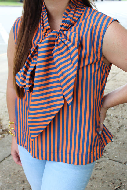 Navy/Orange Stripe Bow Top