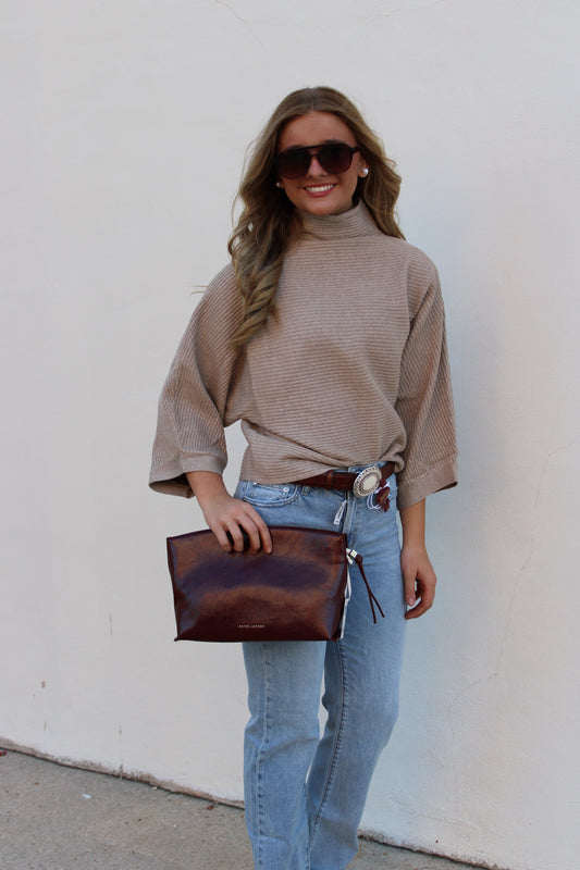 Taupe Mock Neck Ribbed Sweater