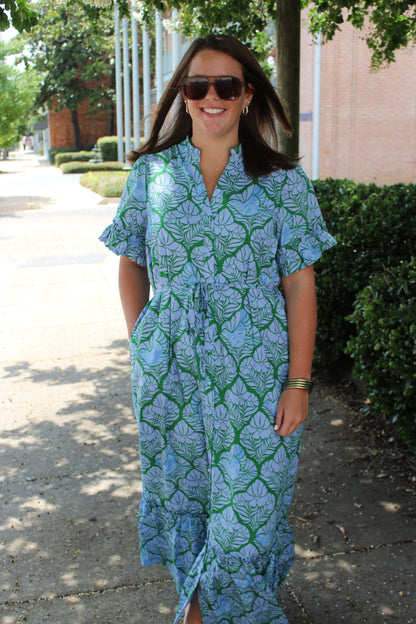 Emerald Blue Floral Midi Dress
