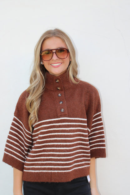 Brown Stripe Funnel Neck Sweater
