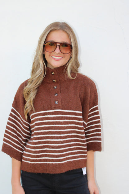 Brown Stripe Funnel Neck Sweater