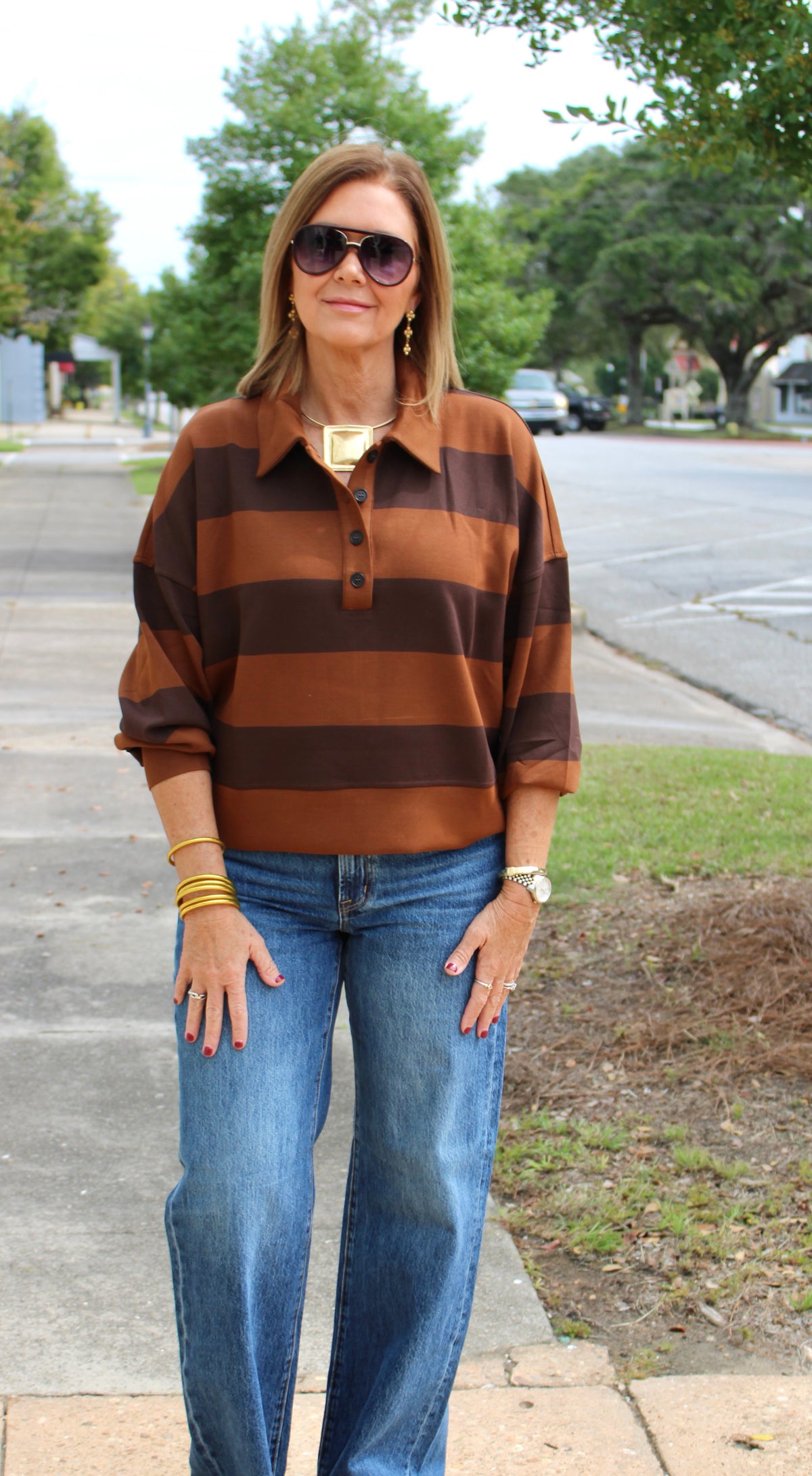 SPANX AirEssentials® Brown Block Stripe Rugby Shirt
