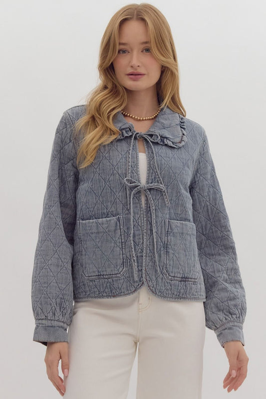 Denim Ruffle Collar Tie Jacket