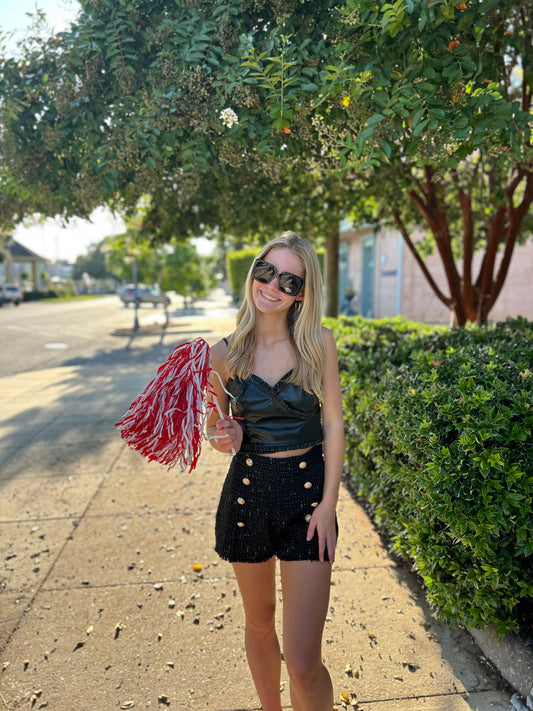 Black Faux Leather Ruffle Detail Crop Top