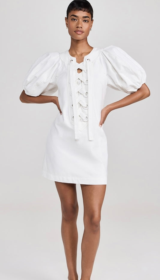 Laced Up Puff Sleeve Mini Dress