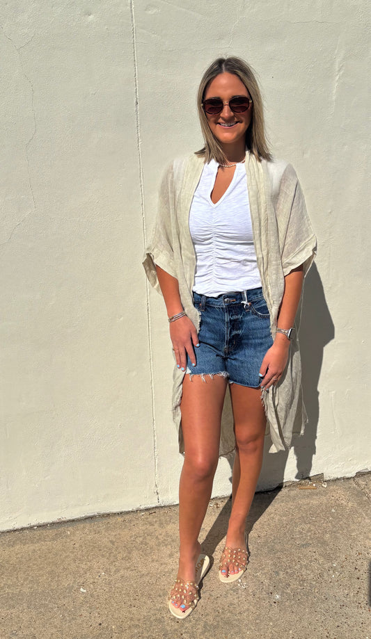 Linen Fringe Hem Tie Front Kimono