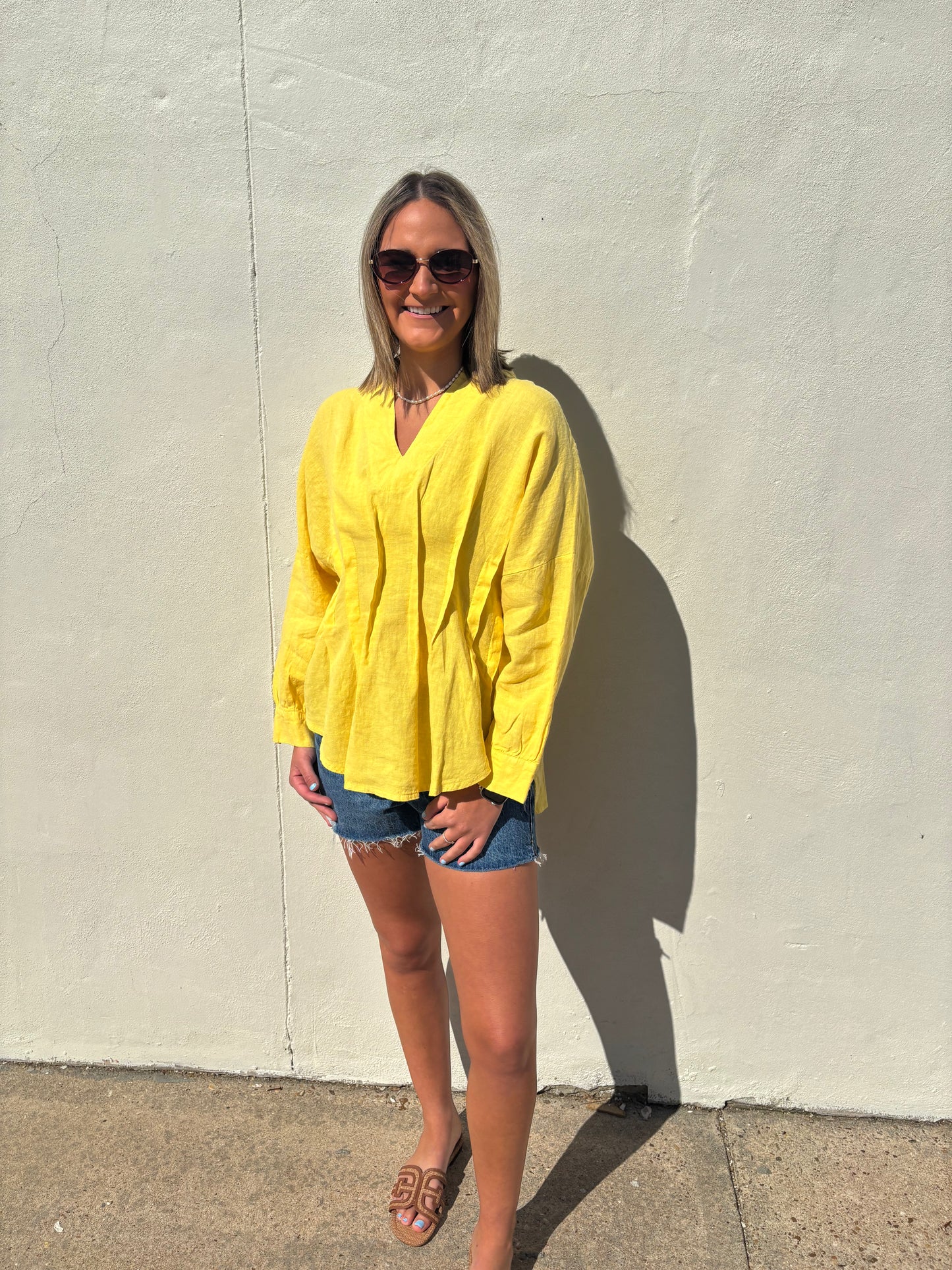 Pleated Linen Top Yellow