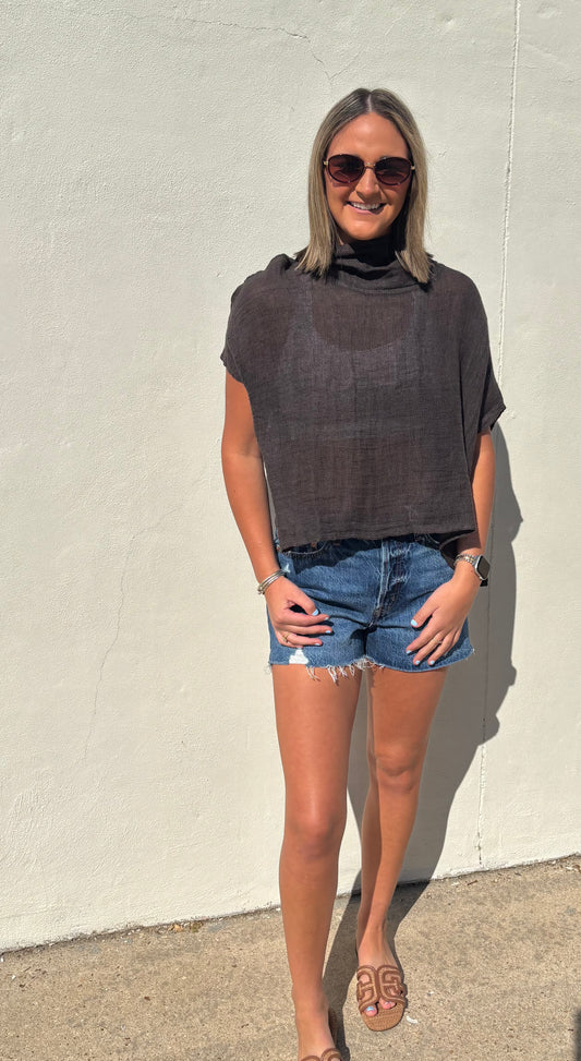 Linen Cowl Neck Top Chocolate Brown