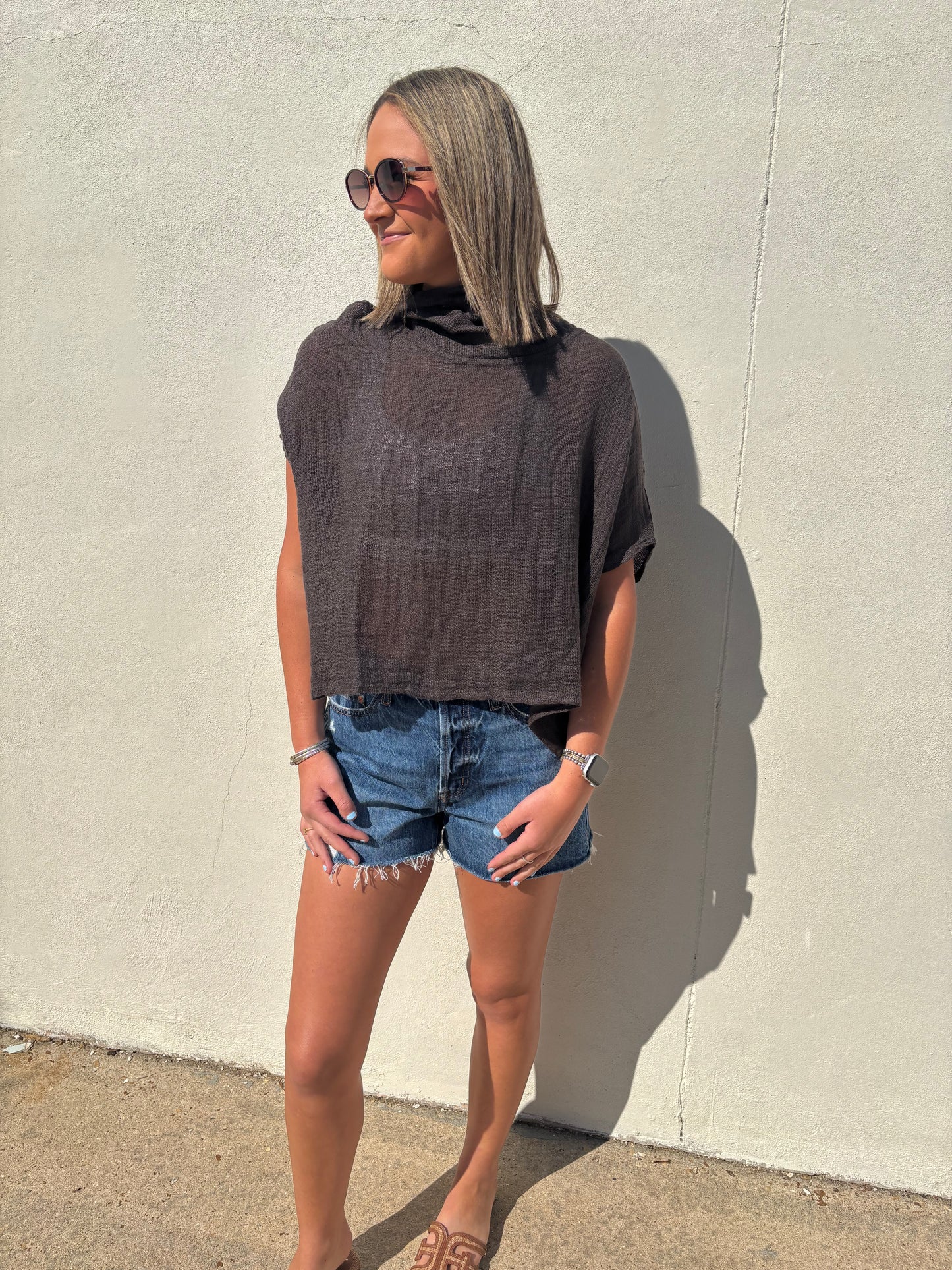 Linen Cowl Neck Top Chocolate Brown