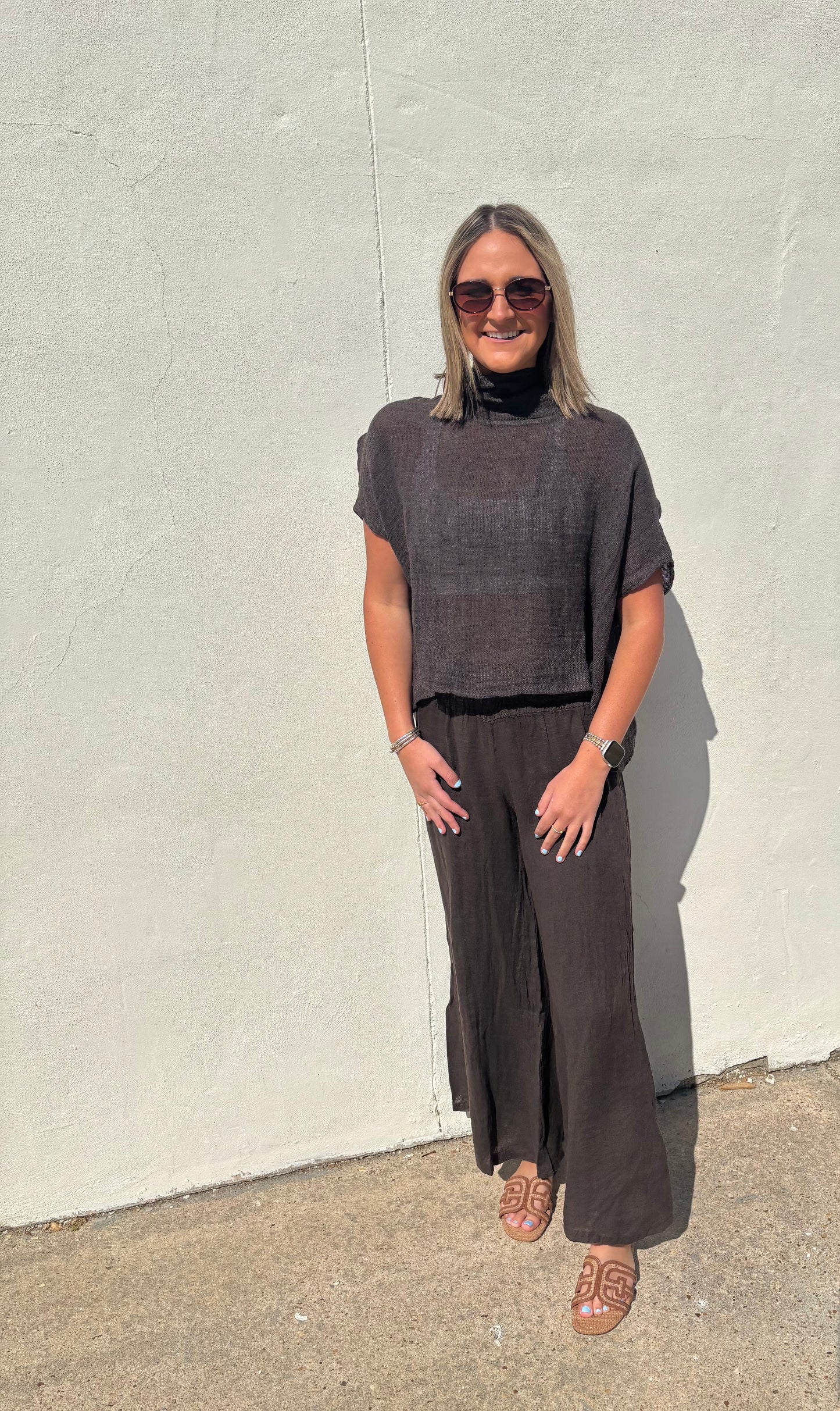 Linen Cowl Neck Top Chocolate Brown