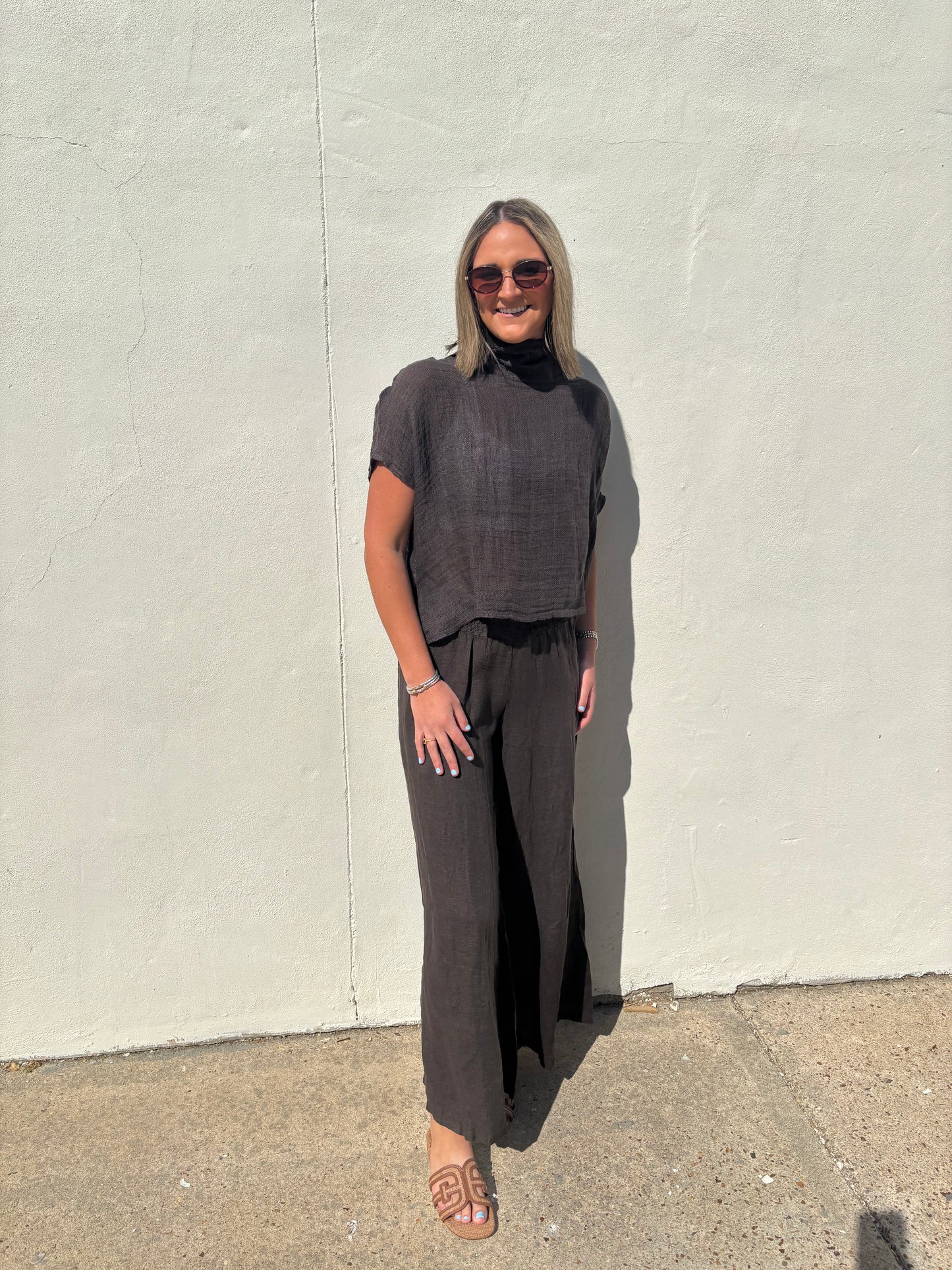 Brown Wide Leg Linen Pants