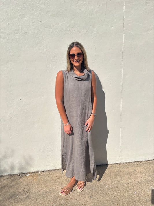 High Cowl Neck Linen Maxi Dress Mocha