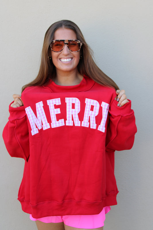 Merry Embroidered Mock Neck Red Pink Check