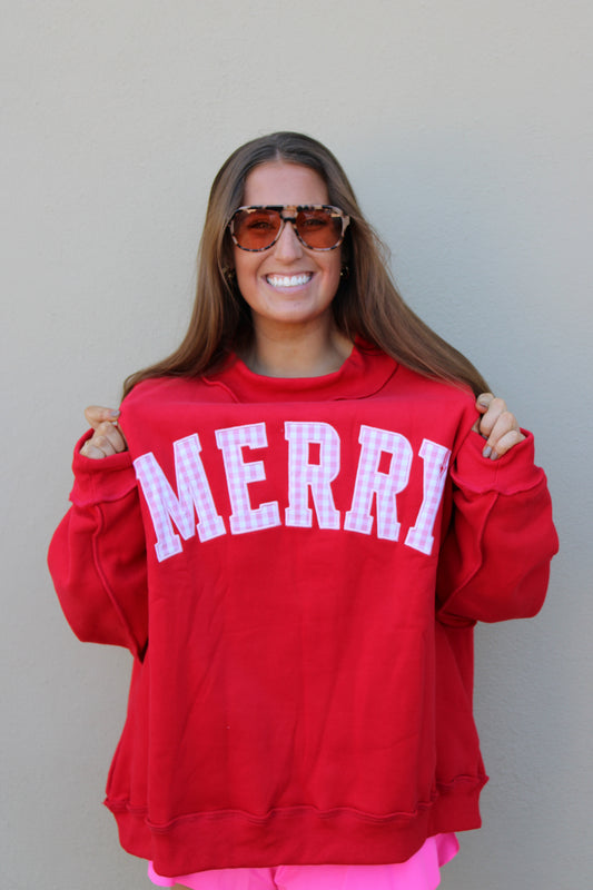Merry Embroidered Mock Neck Red Pink Check