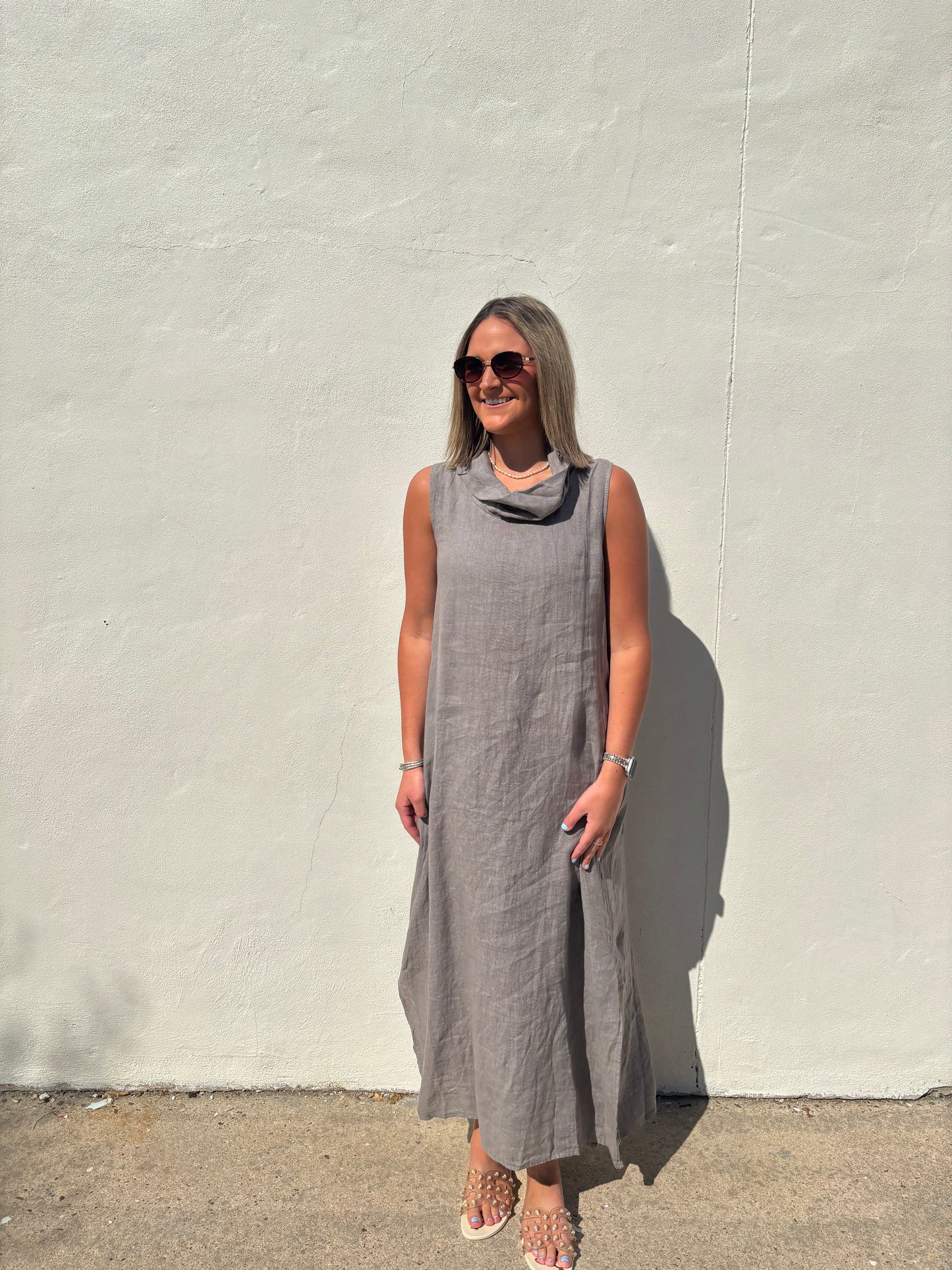 High Cowl Neck Linen Maxi Dress Mocha