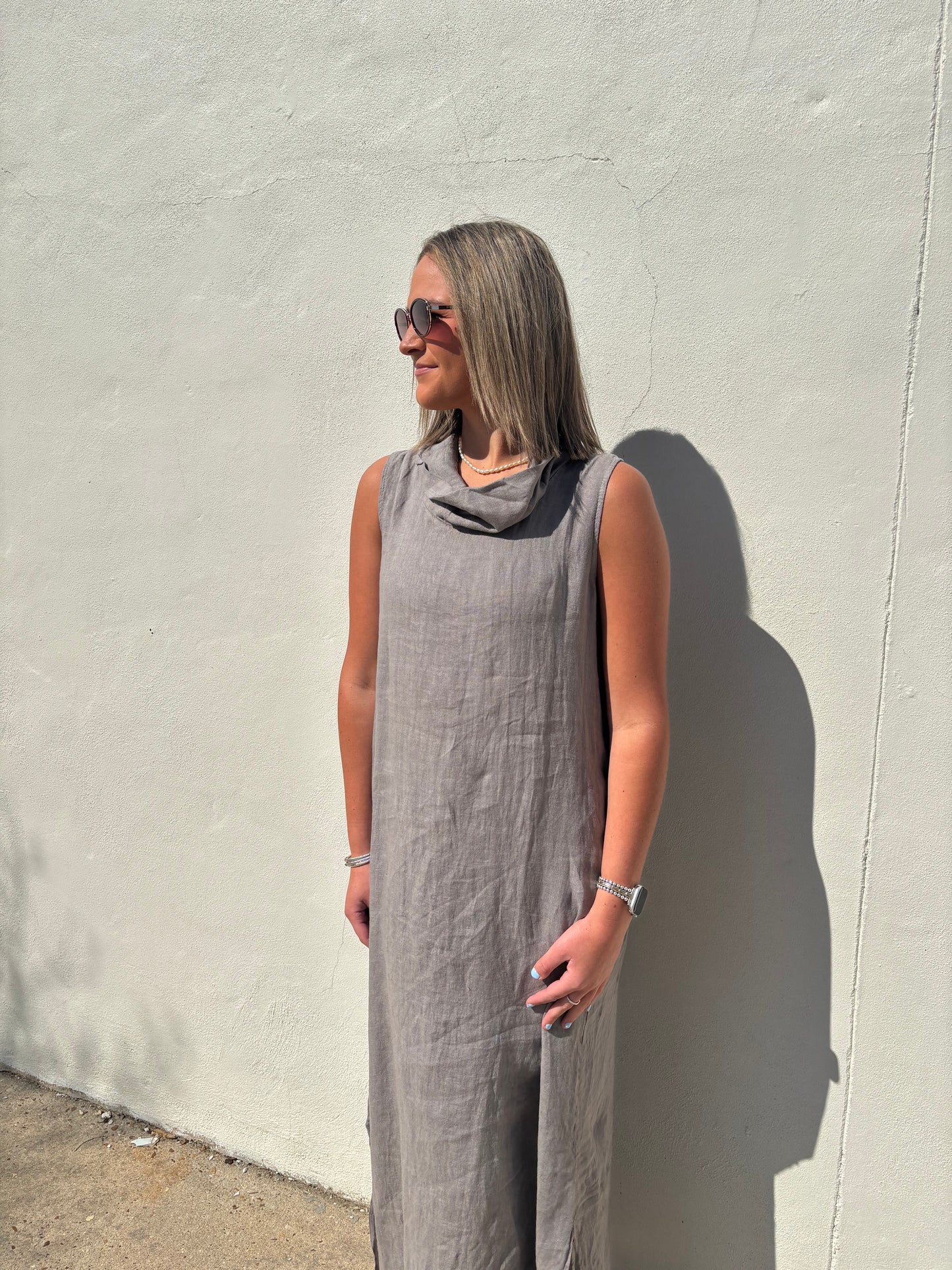 High Cowl Neck Linen Maxi Dress Mocha