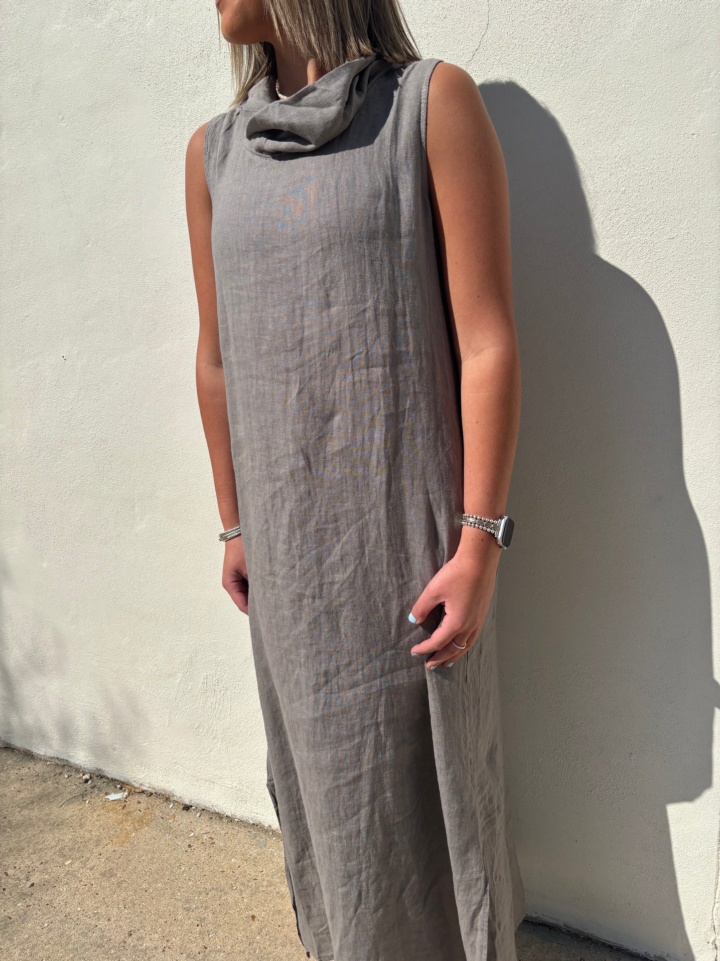High Cowl Neck Linen Maxi Dress Mocha