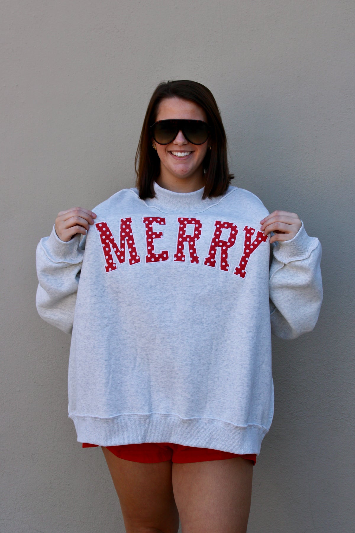 Merry Embroidered Mock Neck with Red Polka Dot