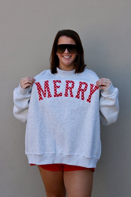 Merry Embroidered Mock Neck with Red Polka Dot