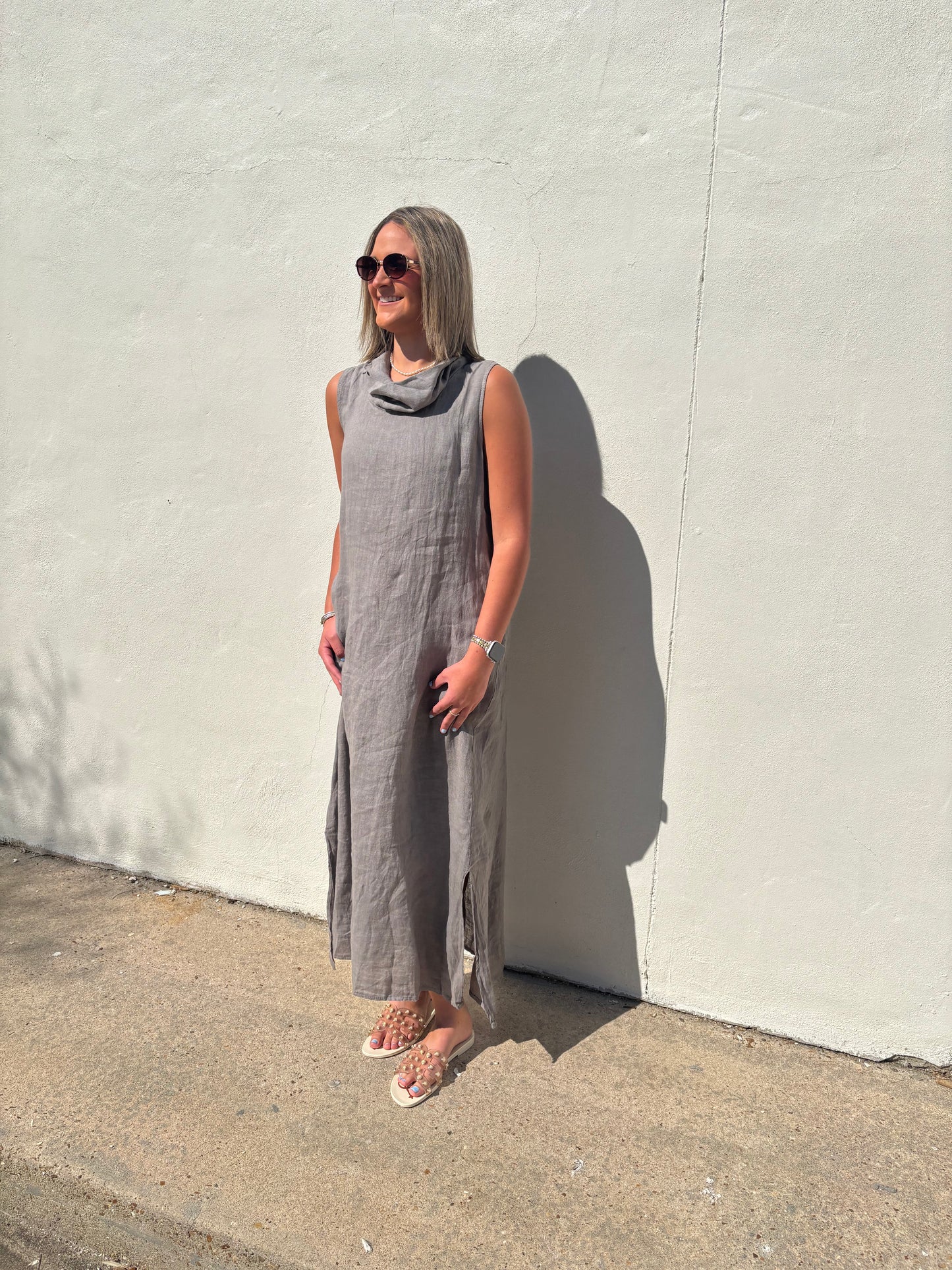 High Cowl Neck Linen Maxi Dress Mocha