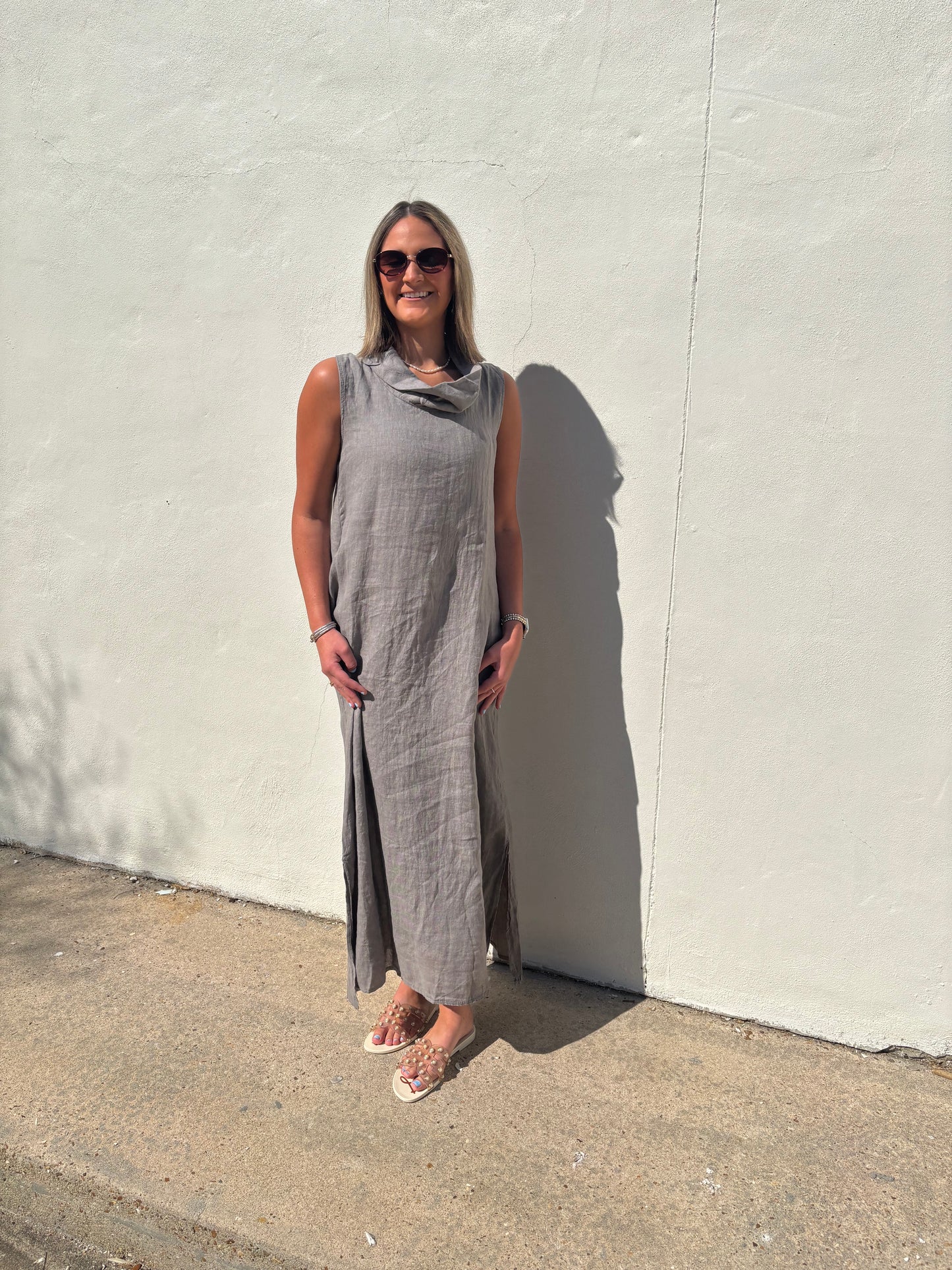 High Cowl Neck Linen Maxi Dress Mocha