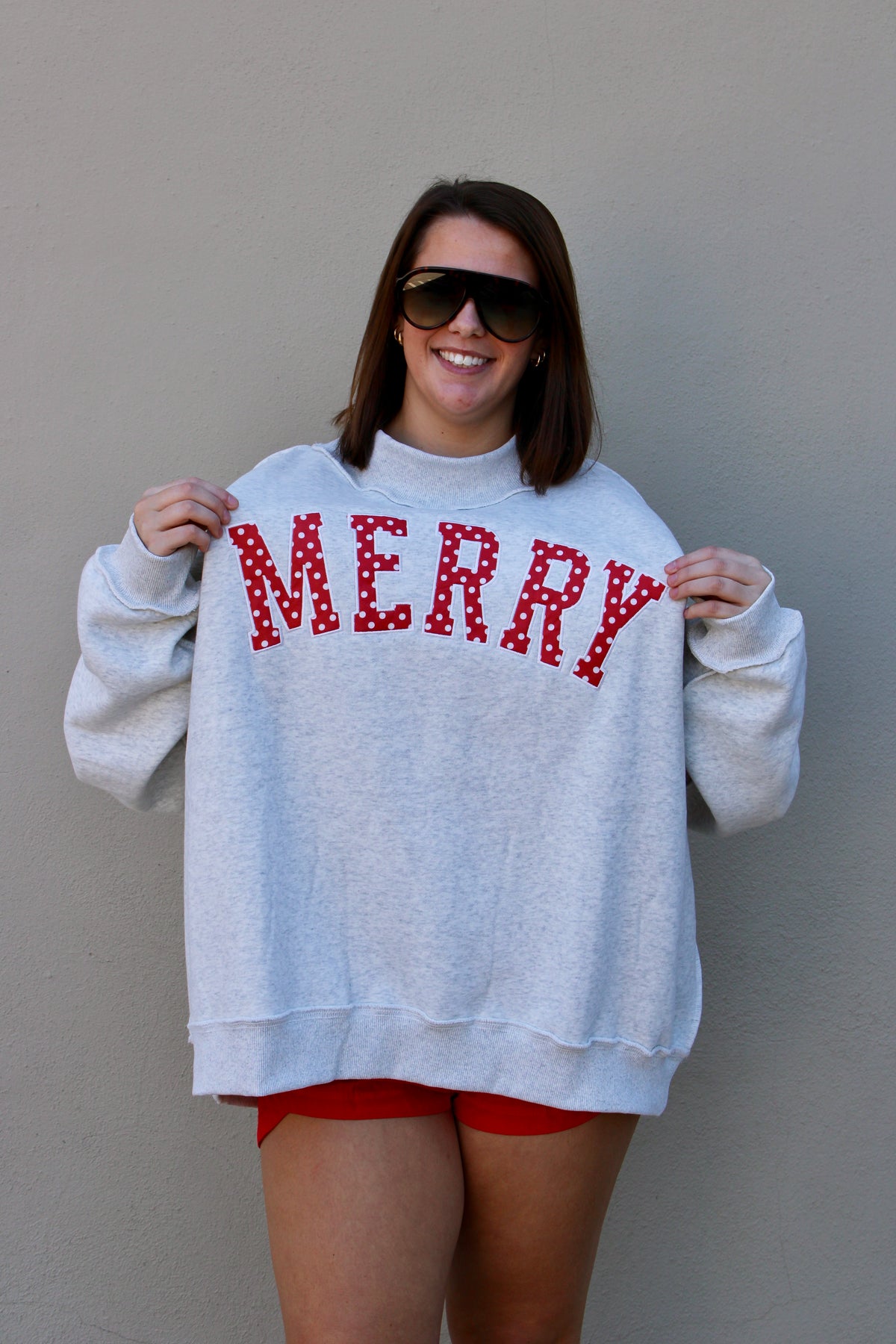 Merry Embroidered Mock Neck with Red Polka Dot