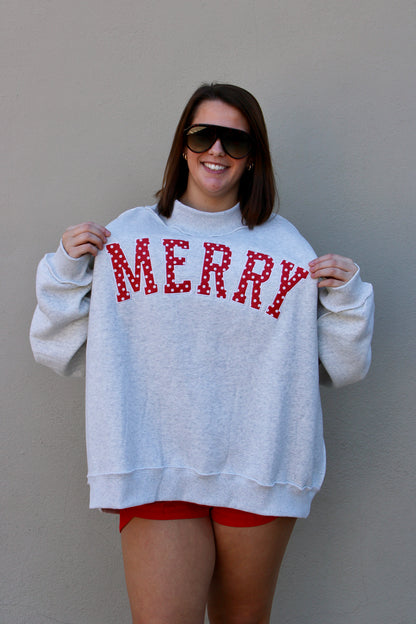 Merry Embroidered Mock Neck with Red Polka Dot