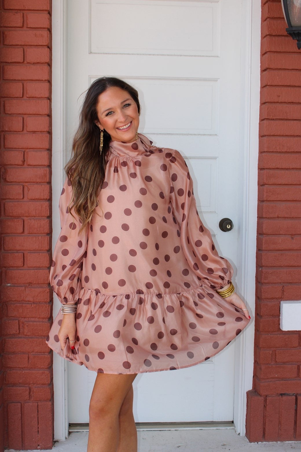 Polka Dot Mini Dress in Taupe