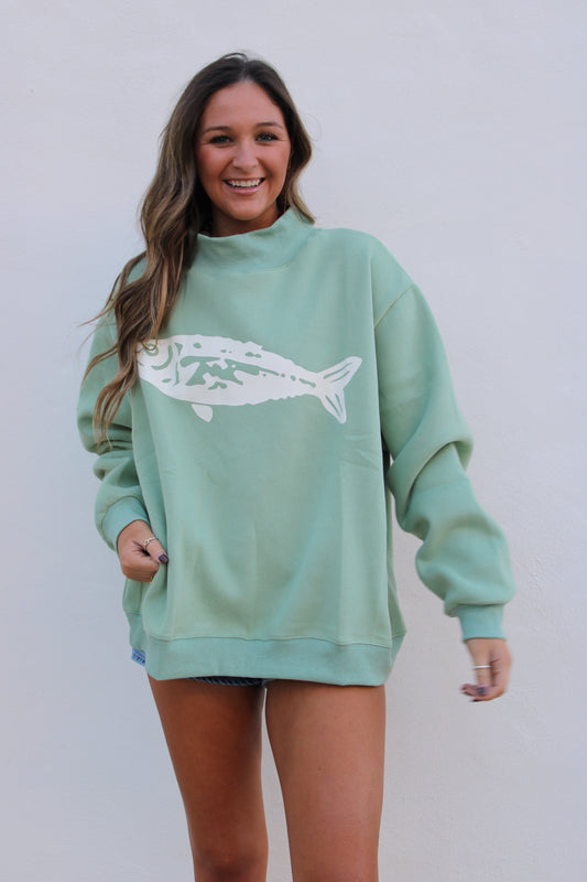 Fish Graphic Mock-Neck Sweatshirt in sage