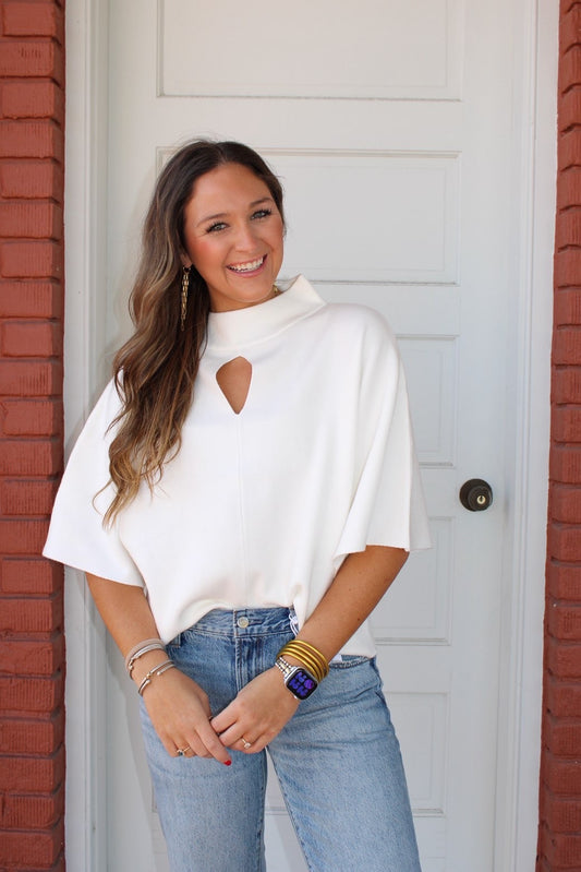 Teardrop Keyhole Mock Neck Knit Top